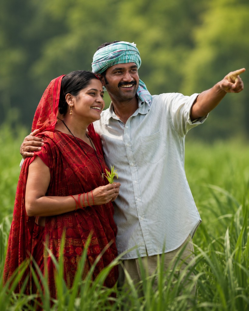 A farming couple standing in their crop field