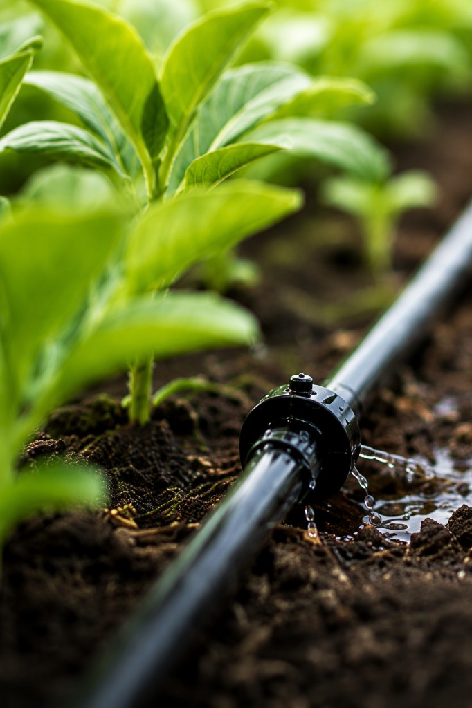 Drip emitter on a lateral line watering young crop rows