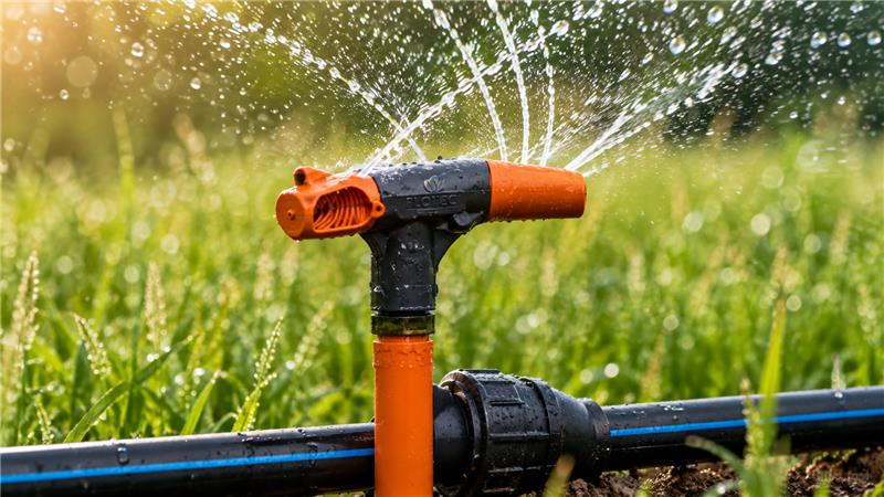 FLOTEC sprinkler head spraying water across a green field