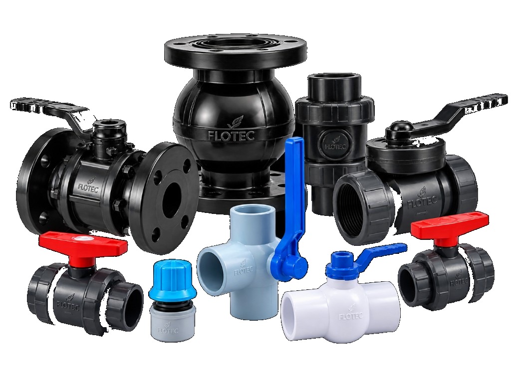 The FLOTEC and Sigma valve family: ball valves, check valves and fittings in black, grey and white with red and blue handles